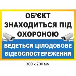 Наліпка про цілодобову охорону Об'єкт під відеоспостереженням (300х200 мм)