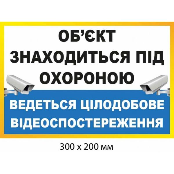 Наліпка про цілодобову охорону Об'єкт під відеоспостереженням (300х200 мм)